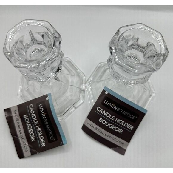 Candlesticks Pair 4" Clear Glass Crystal Taper Candle Holder Holiday Tablescape - Picture 3 of 5